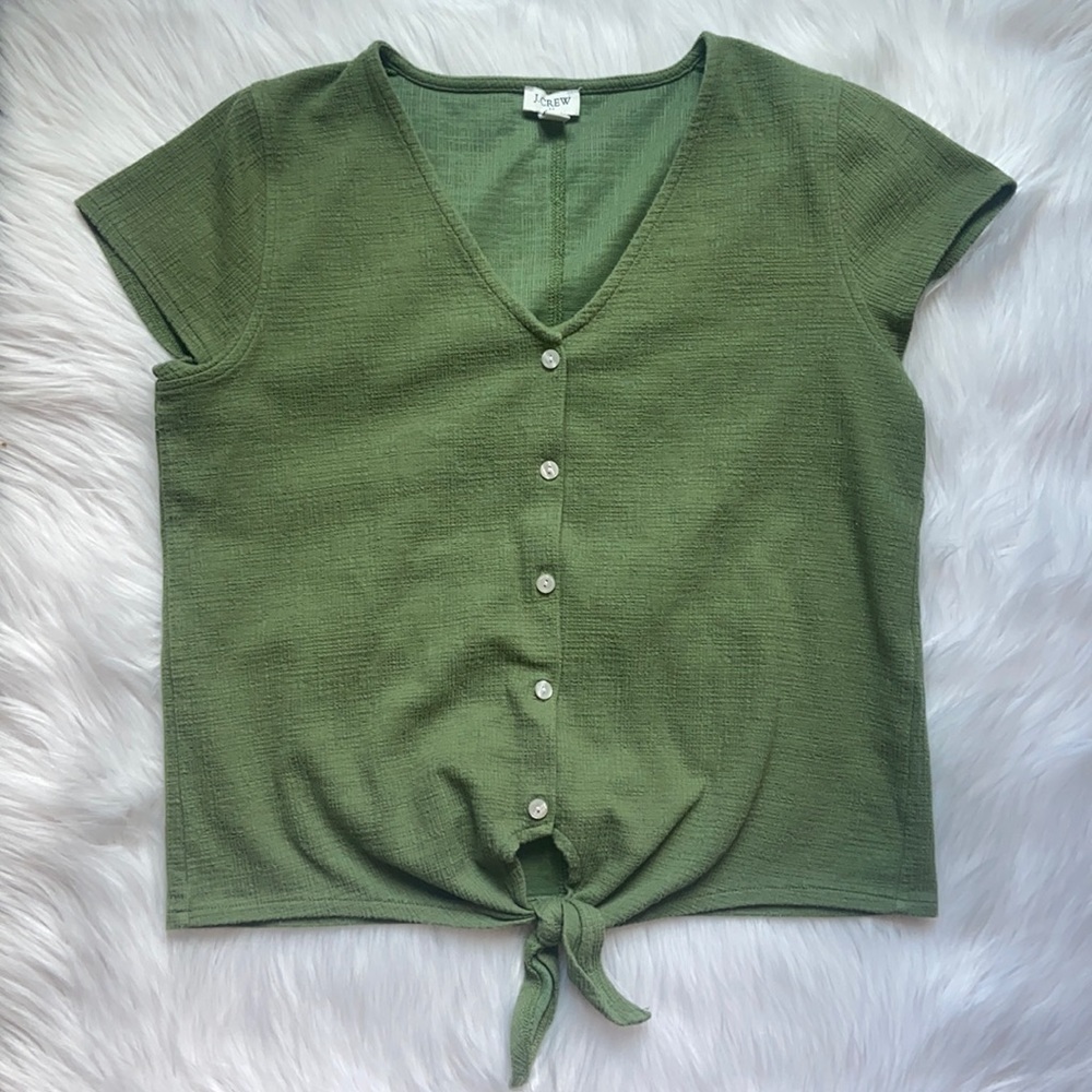 J. Crew Button Down Short Sleeve Women’s Front Waist Tie Green Cottagecore